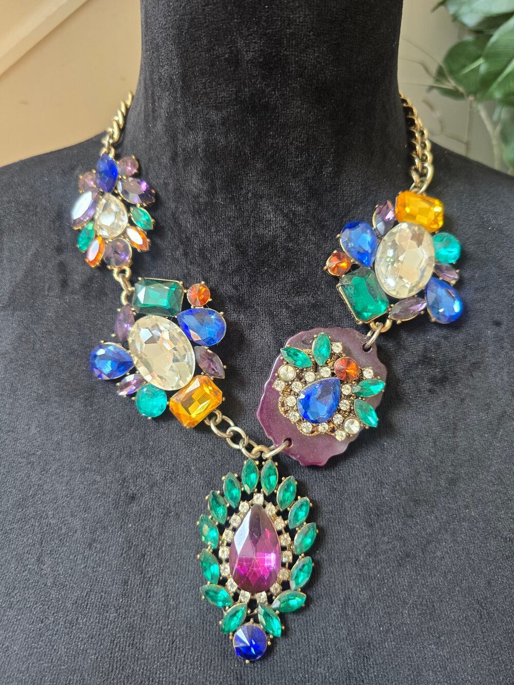 Gold Tone Multicolor Rhinestone Floral Statement Pendant Necklace